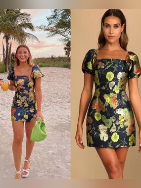 LULUS So Stunning Navy Blue Floral Jacquard Puff Sleeve Mini Dress NWT SIZE M